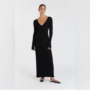 DISSH Reign Dress — Black Ribbed V-Neck Long Sleeve Maxi Dress